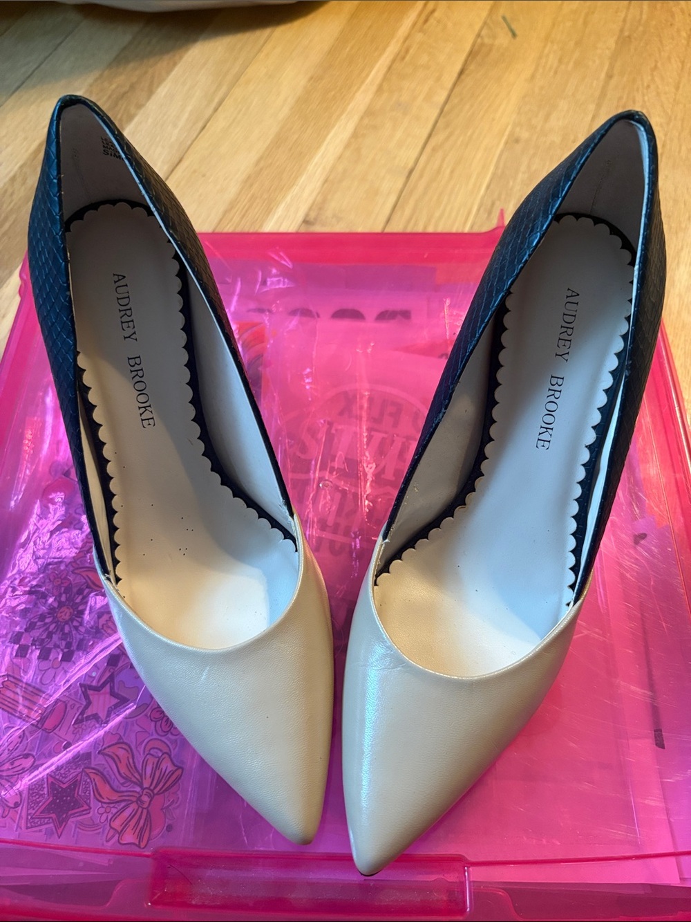 Audrey Brooke Two-Tone Pointed Toe Pumps in Cream and Black Textured Heel